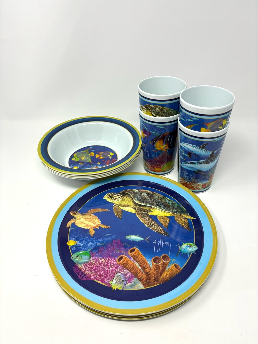 Guy Harvey 12 Piece Melamine Tableware Set Tropical Reef Fish Patio Dining VTG